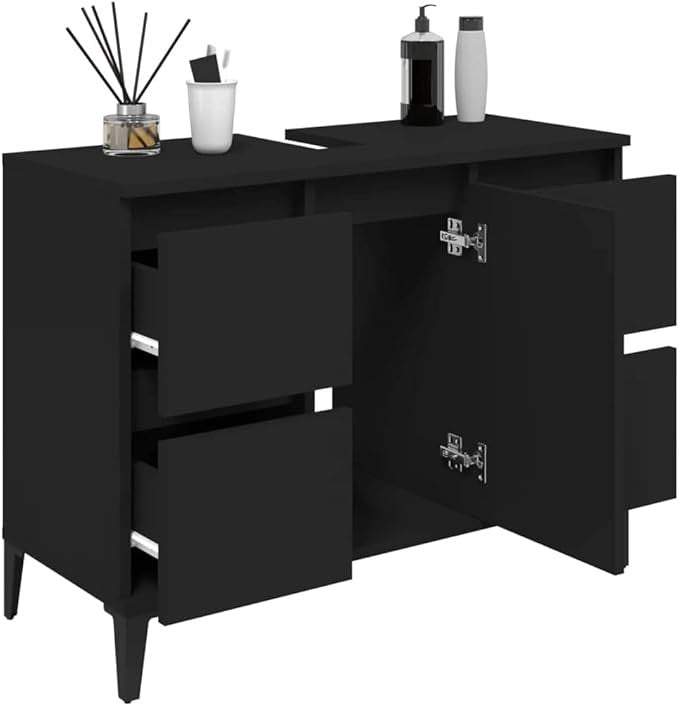Black Under Sink Bathroom Cabinet 80cm Modern Vanity Unit with Drawers & Door