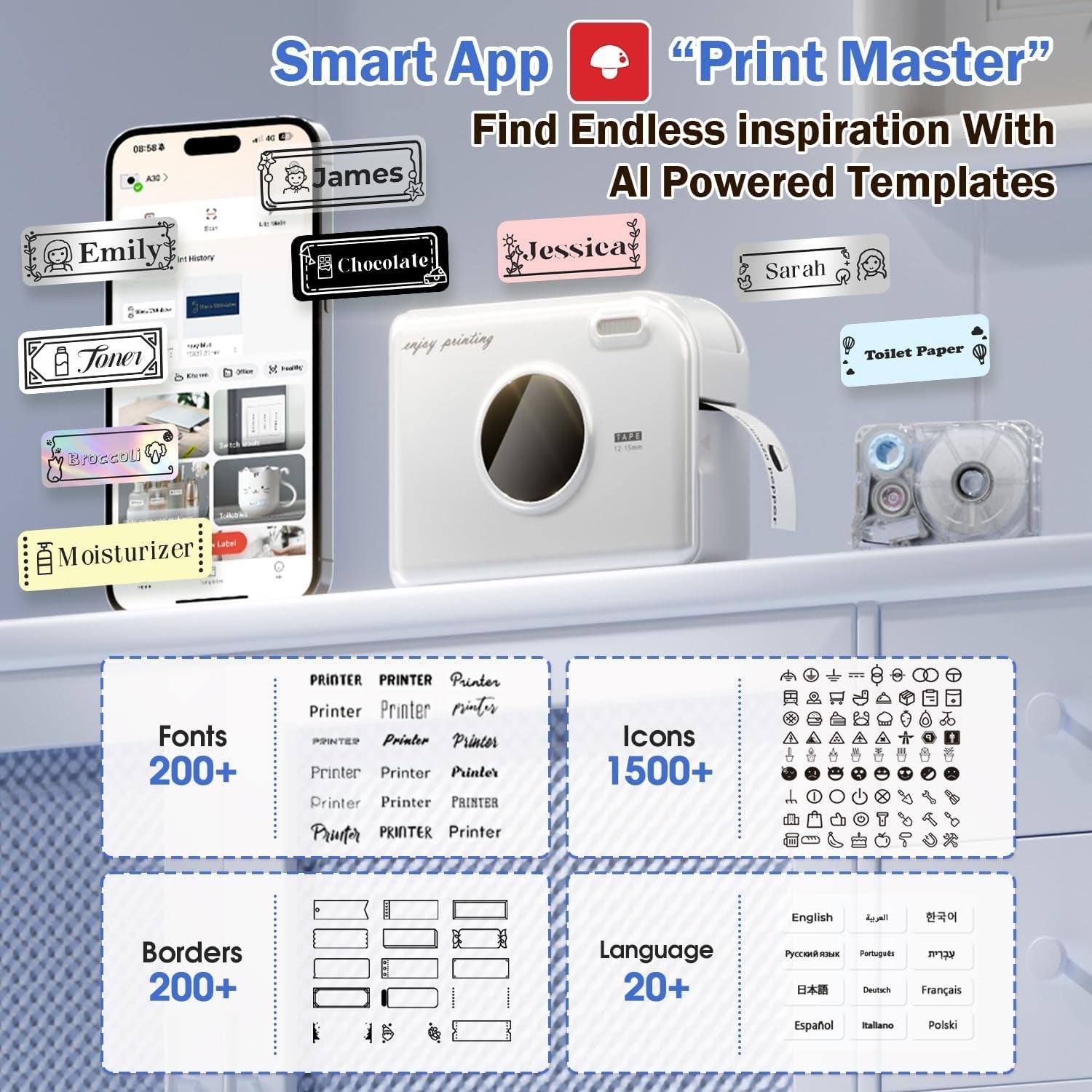 Portable Bluetooth Thermal Label Maker 203 DPI Wireless Sticker Printer