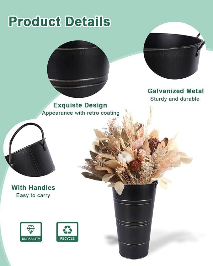 12 Inch Black Galvanized Metal Flower Vases Set of 2 Rustic Bucket Planters