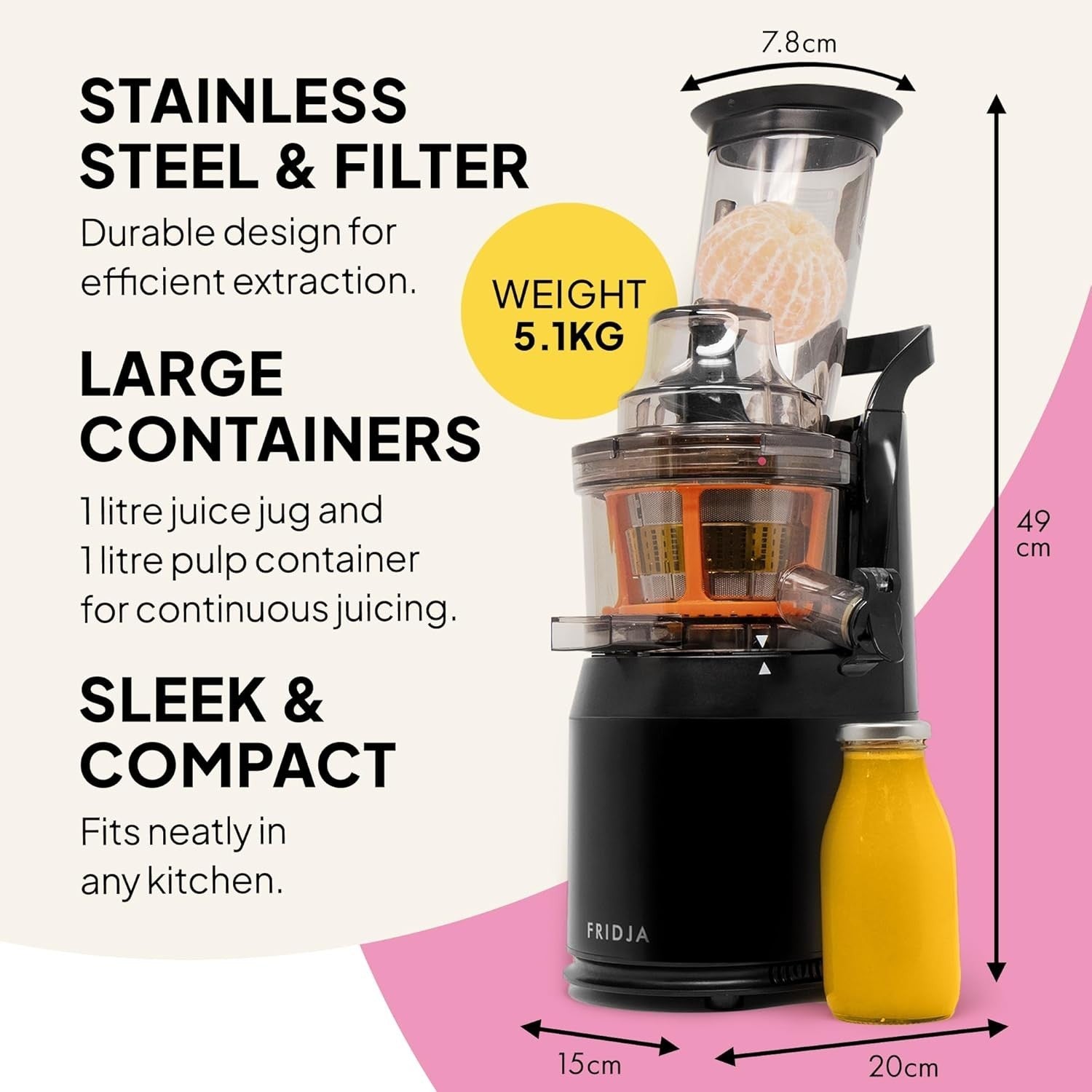 Cold Press Juicer 240W 3in Wide Chute Whole Fruit Quiet High Yield Easy Clean