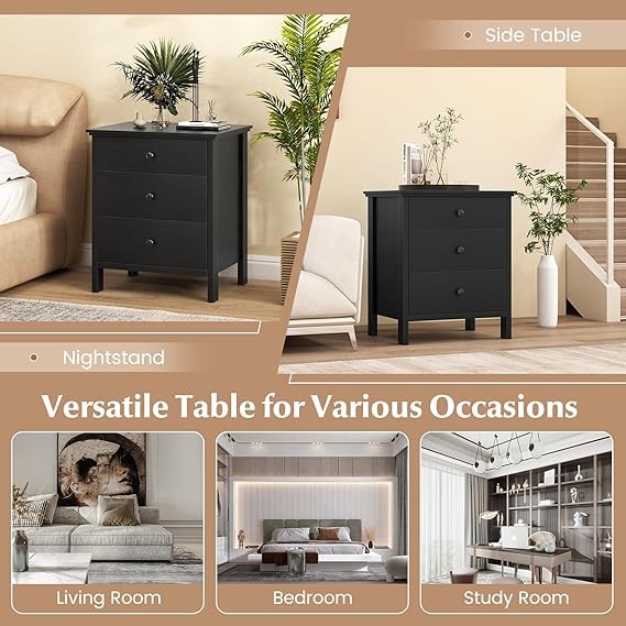 Tall Black Bedside Table with 4 Drawers – Modern Wooden Storage Cabinet Unit