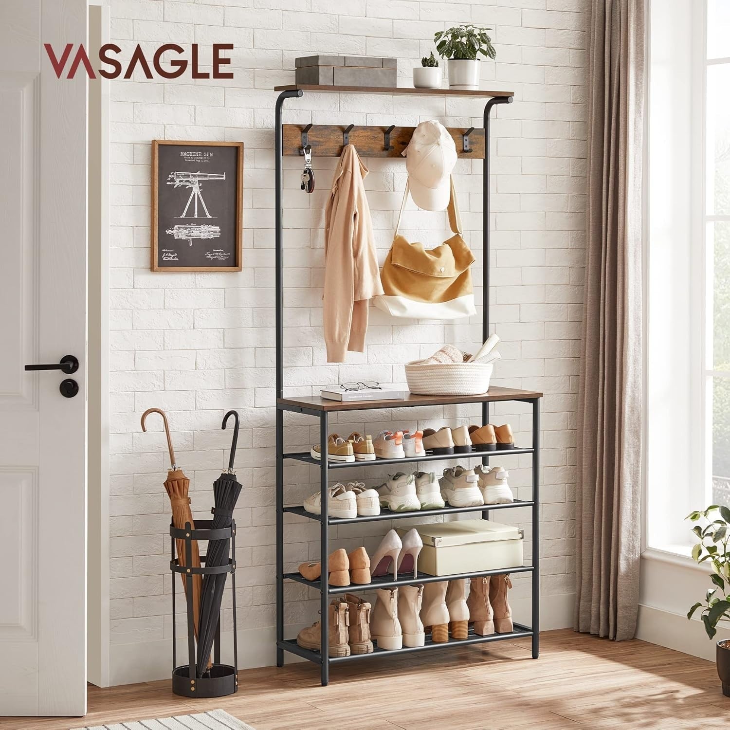 5 Tier Industrial Coat & Shoe Rack with Hooks & Top Shelf – Durable Storage