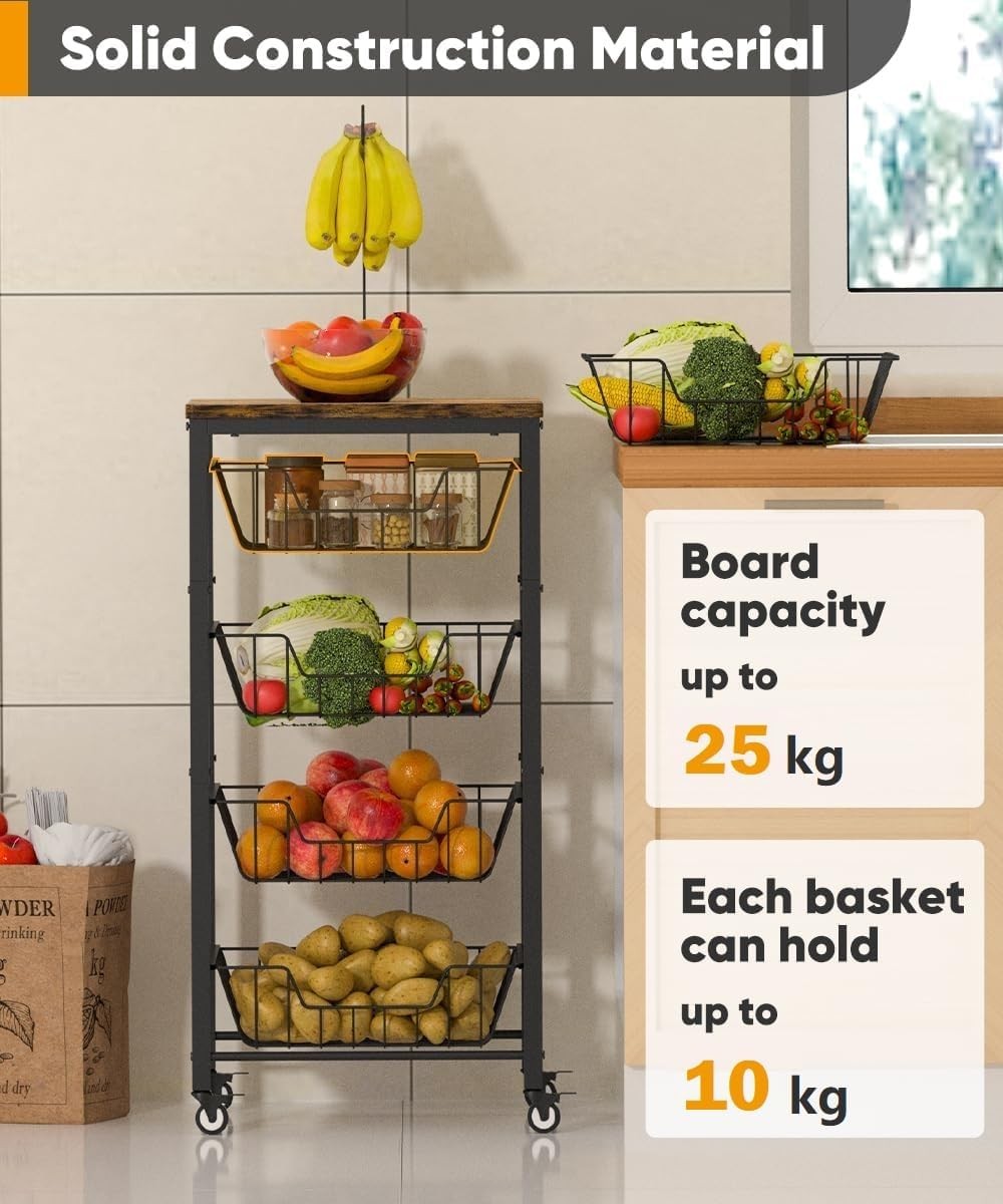 5 Tier Kitchen Storage Cart Pull Out Wire Baskets Fruit Vegetable Trolley