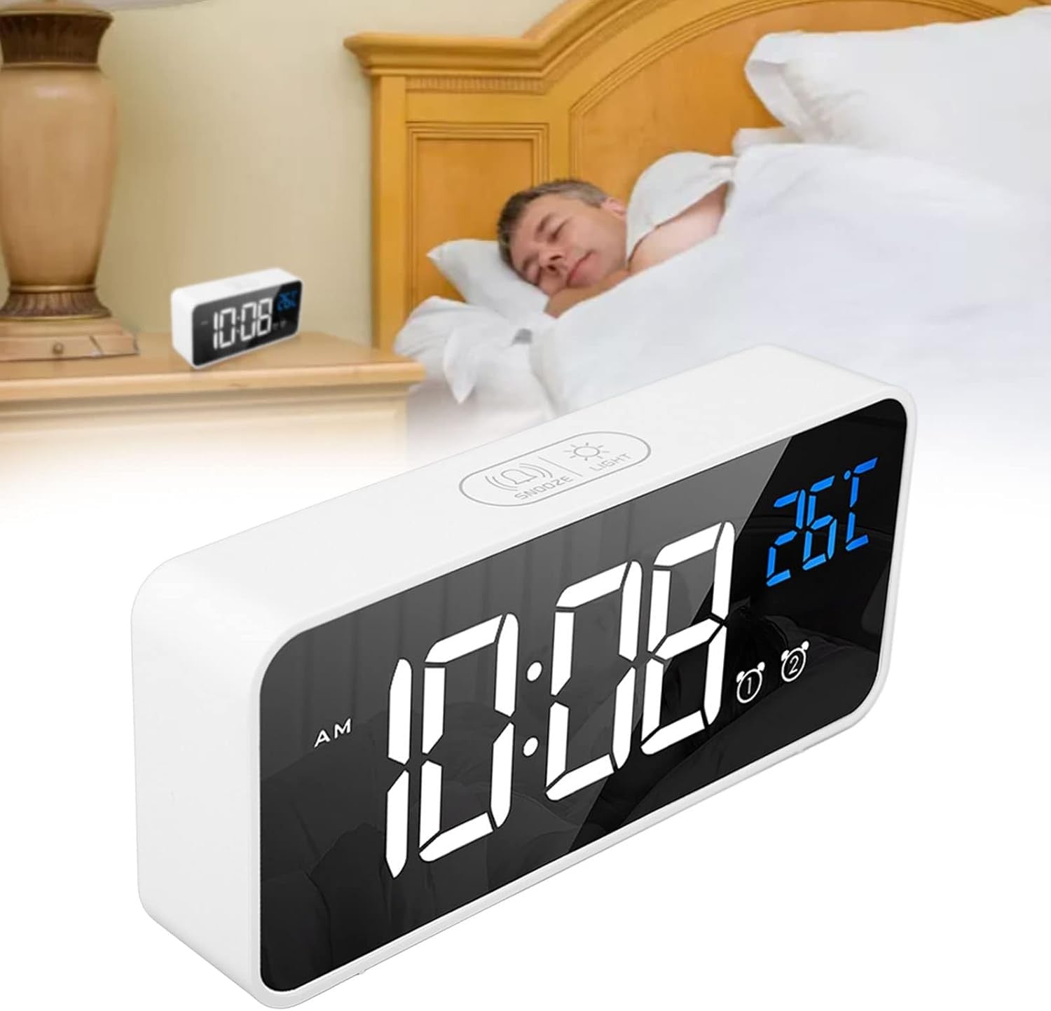 Digital Alarm Clock Large LED Display Voice Control Rechargeable Dual Alarm