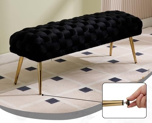 Velvet Ottoman Bench with Gold Metal Legs, Black Upholstered Entryway Seat