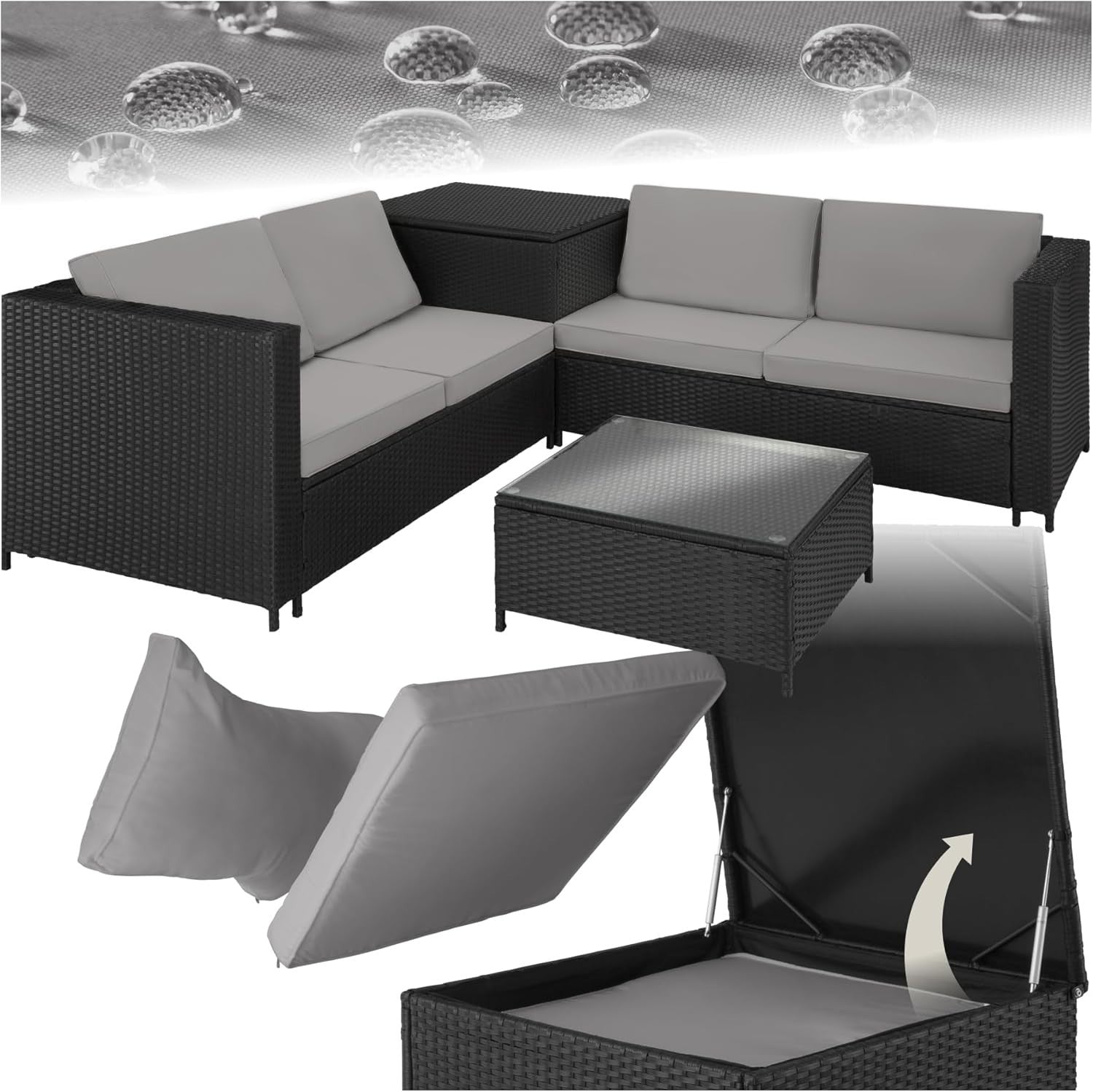 Black & Grey Rattan Garden Sofa Set with Thick Cushions & Storage Box
