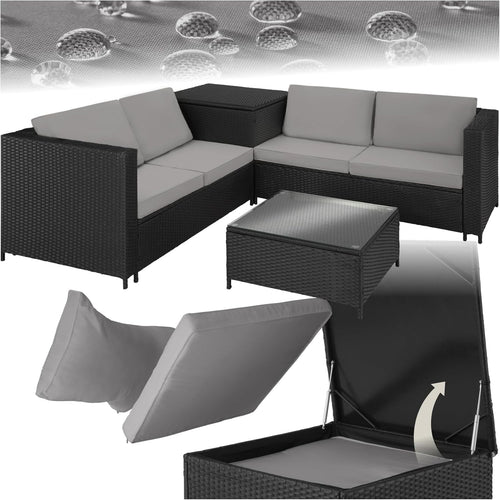 Black & Grey Rattan Garden Sofa Set with Thick Cushions & Storage Box