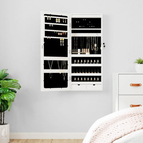 LED Wall Mounted Jewelry Cabinet Mirror Lockable Slim Storage White