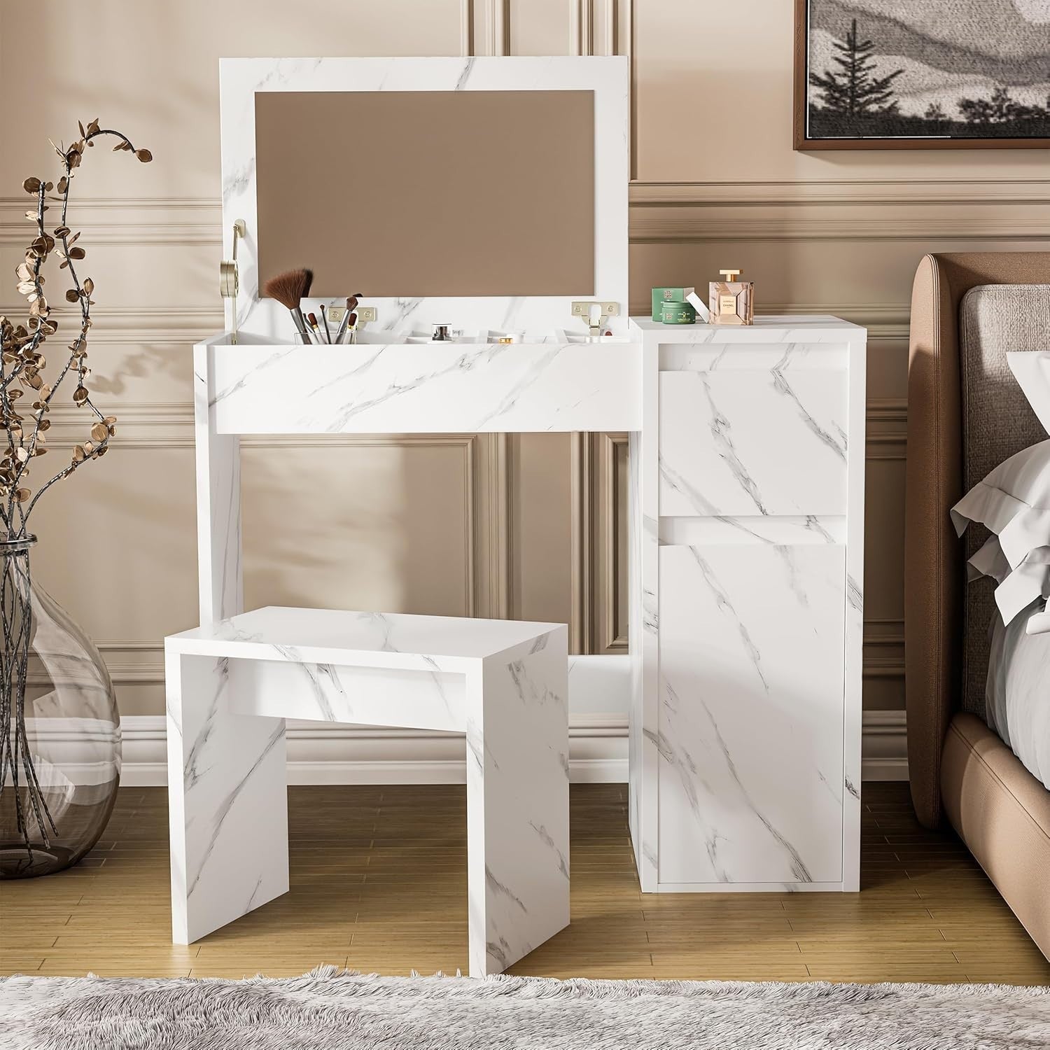 2-in-1 Vanity Dressing Table Desk Flip Mirror Stool Storage Drawer White Wood