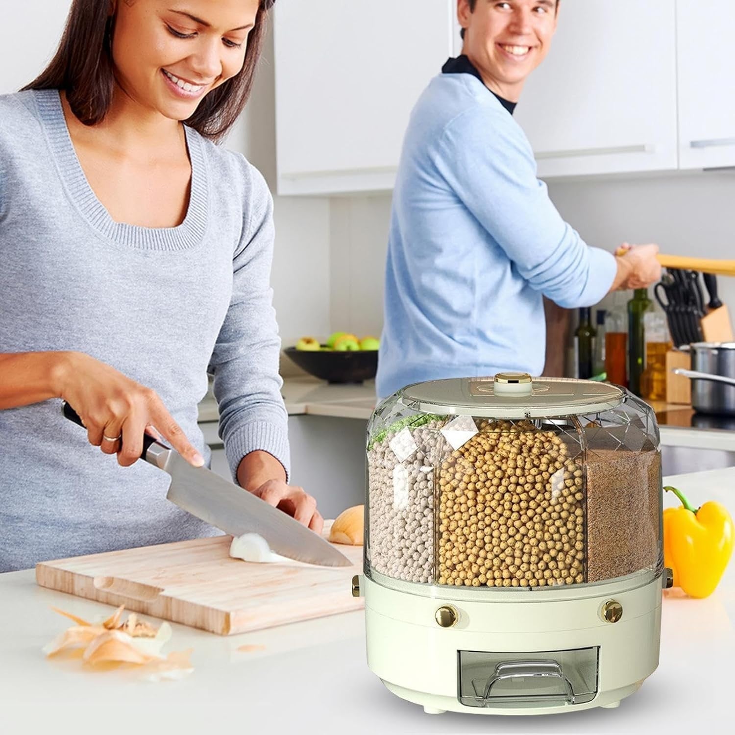 360° Rotating Rice Dispenser 6 Grid Round Grain Storage Container