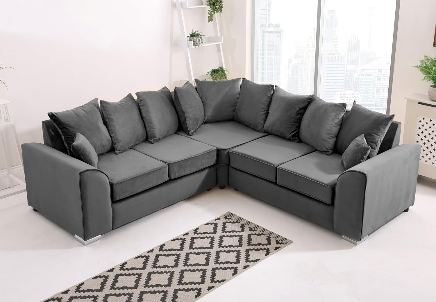 Grey Plush Velvet 5 Seater Corner Sofa – Scatterback Foam Cushions & Chrome Feet