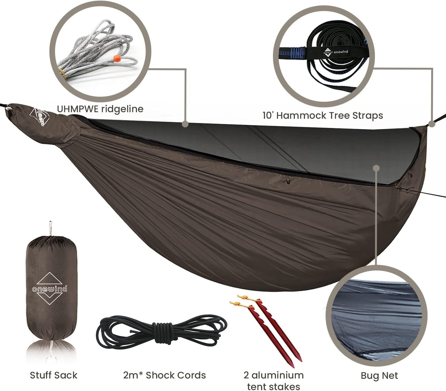 Lightweight Double Camping Hammock with Mosquito Net & Adjustable Ridgeline