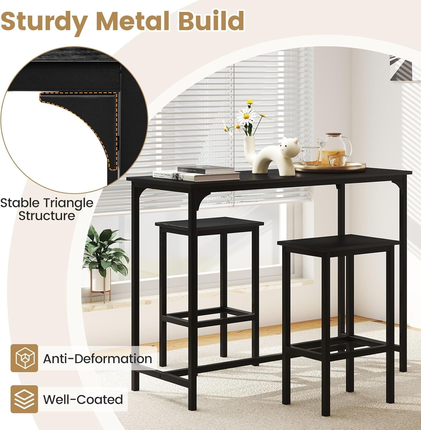 3PCS Bar Table Set with 2 Stools Counter Height Dining Set Space Saving Black