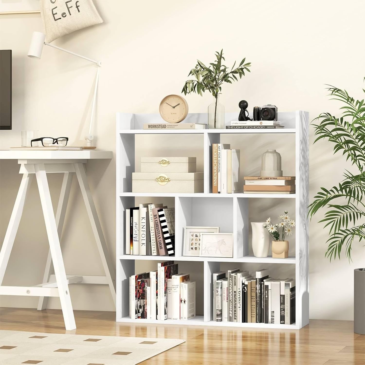 White 7-Cube Bookcase Freestanding Storage Display Shelf with Anti-Topple Kit