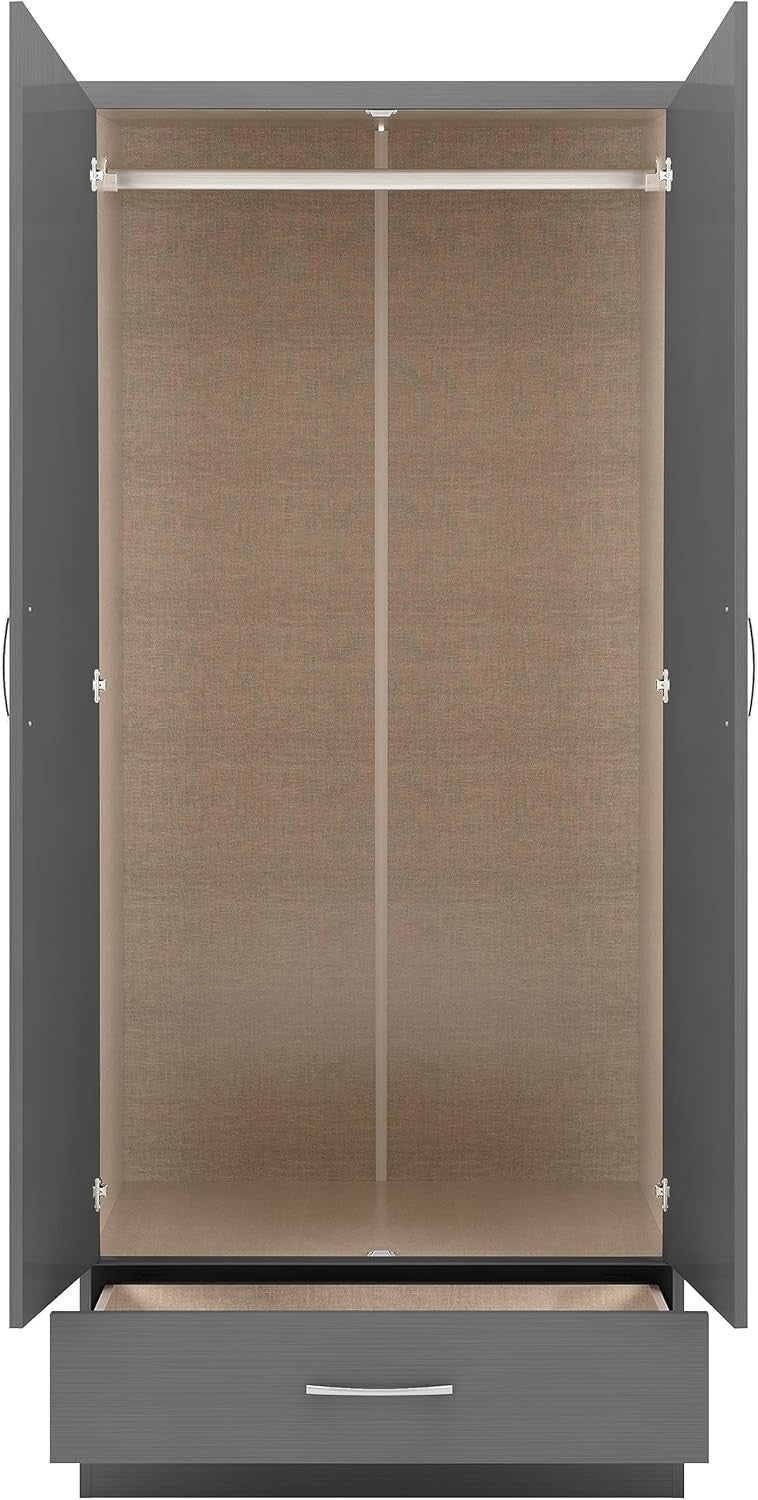 Grey 2 Door Mirror Wardrobe with Drawer – Modern Bedroom Storage Unit