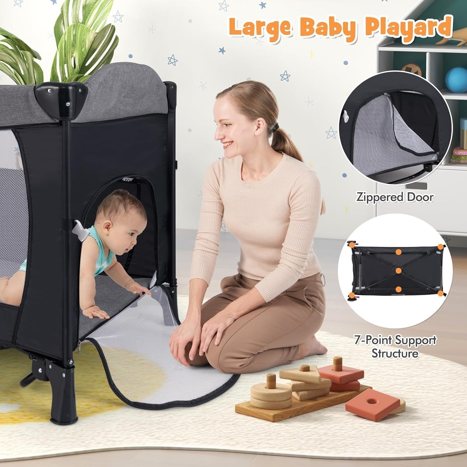 5in1 Baby Travel Cot Foldable Crib with Mattress Basket Changer & Storage Black