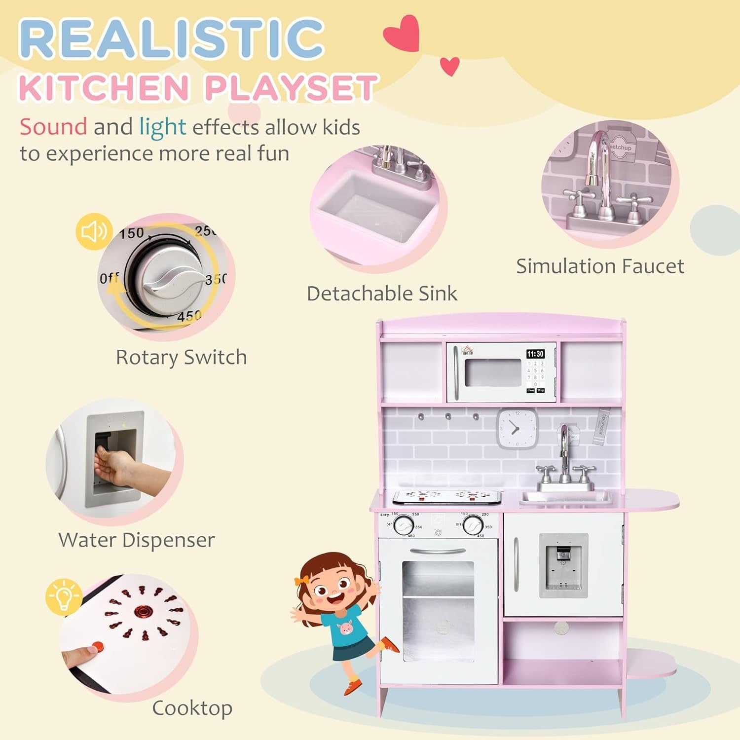 Kids Wooden Play Kitchen w/ Lights Sounds Microwave Pink Toy Set
