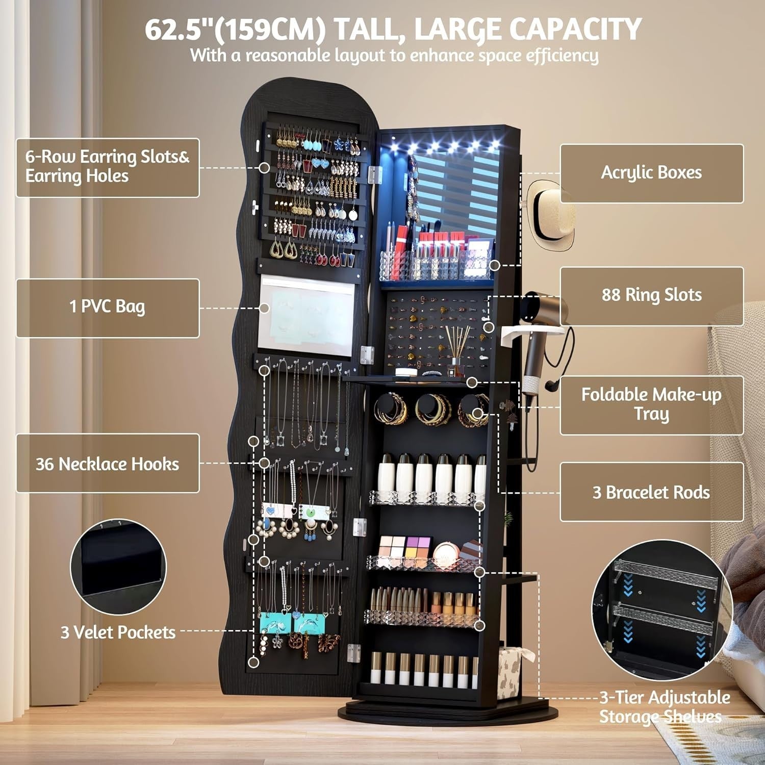 Black LED Rotating Jewellery Cabinet Lockable Wavy Mirror Organizer