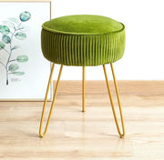 Matcha Green Pleated Velvet Vanity Stool Round Ottoman with Metal Legs