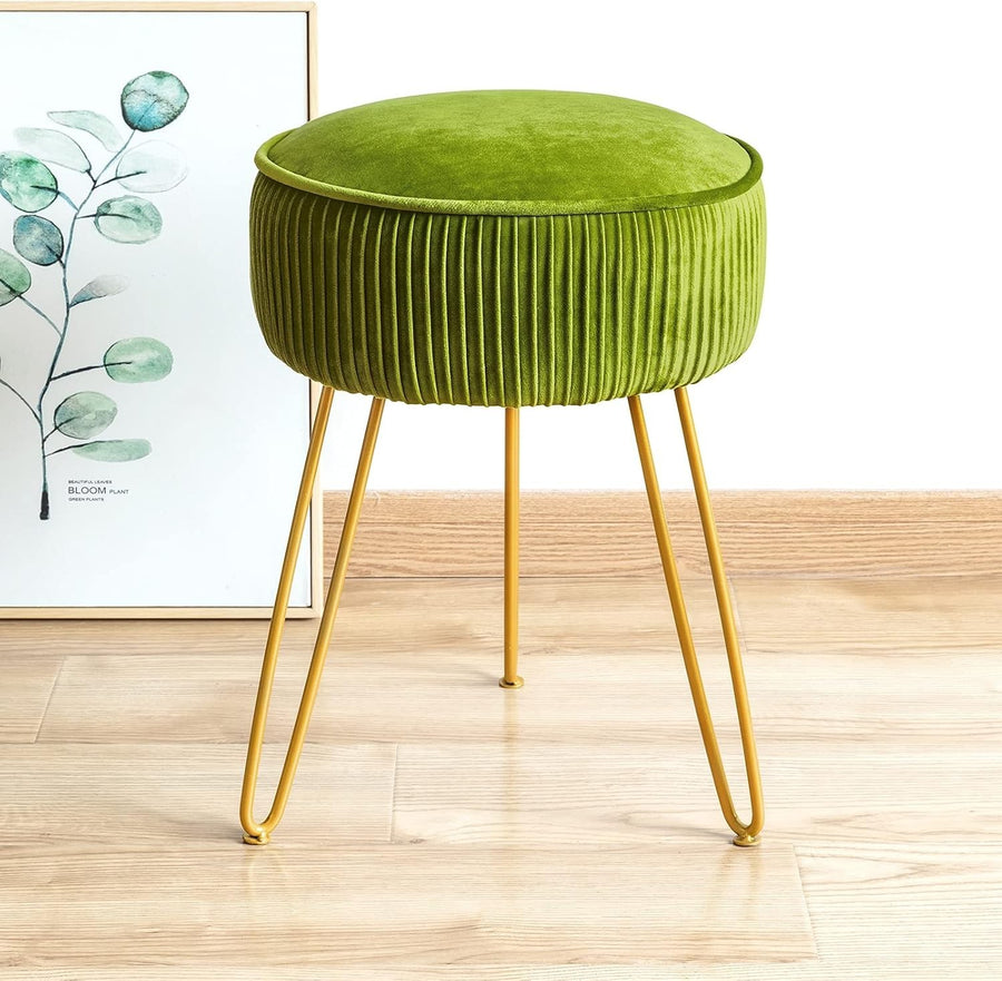 Matcha Green Pleated Velvet Vanity Stool Round Ottoman with Metal Legs