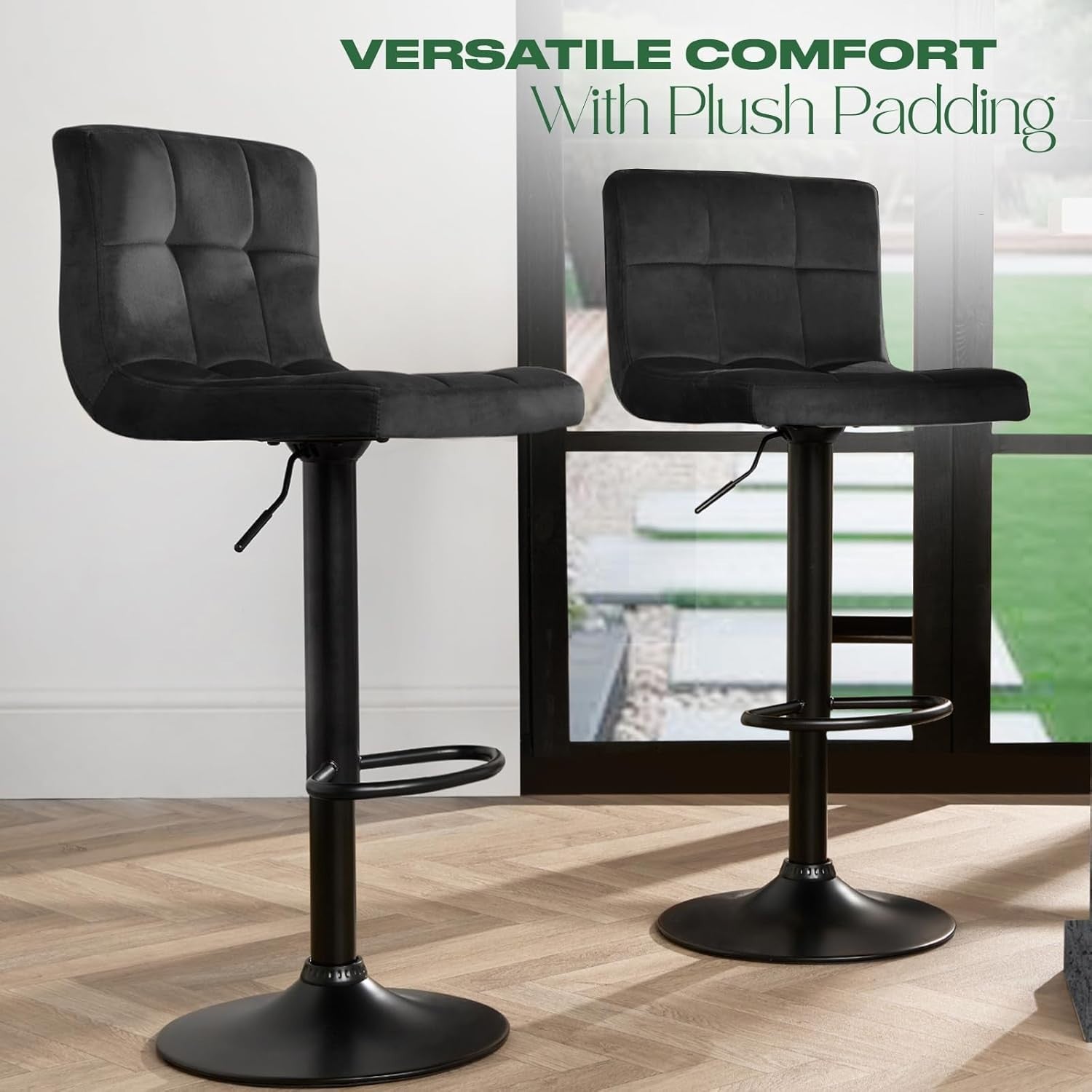 Set of 2 Adjustable Black Velvet Bar Stools with Swivel & Footrest