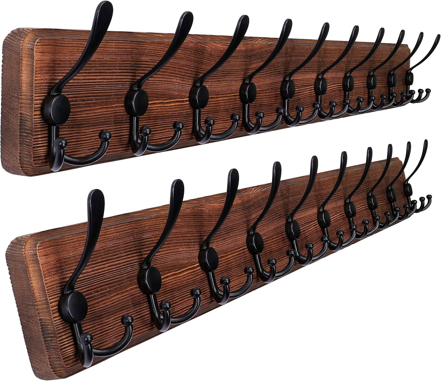Set of 2 Brown Wooden Wall Coat Racks | Heavy Duty 10 Hook Rustic Organizer 38