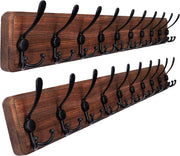 Set of 2 Brown Wooden Wall Coat Racks | Heavy Duty 10 Hook Rustic Organizer 38