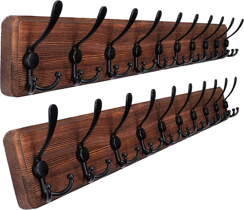 Set of 2 Brown Wooden Wall Coat Racks | Heavy Duty 10 Hook Rustic Organizer 38
