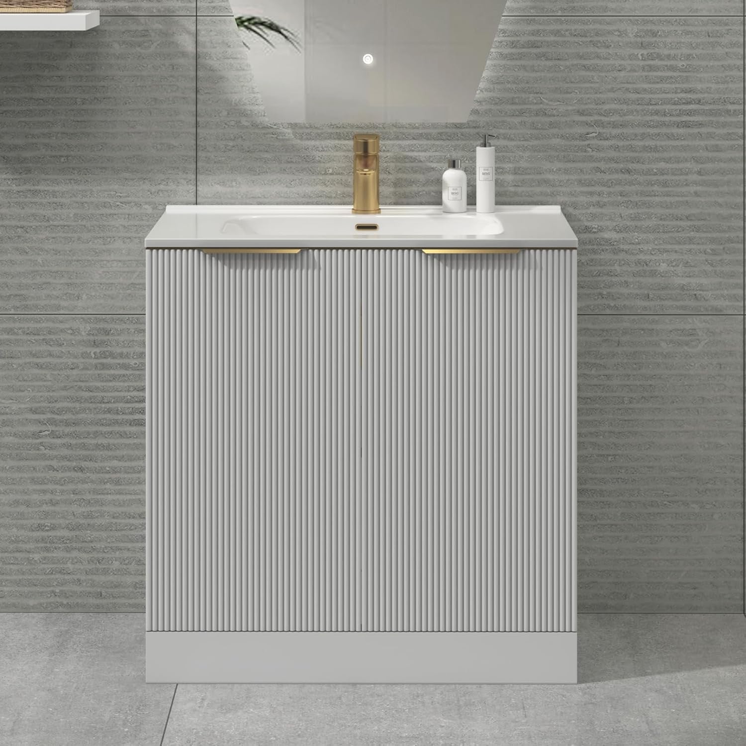 White 800mm Bathroom Vanity Unit with Basin & Brass Handles Floor Standing