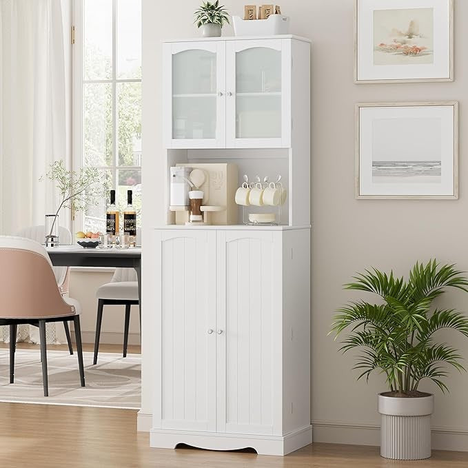 Tall White Kitchen Storage Cabinet 181cm Pantry Cupboard with 4 Doors Adjustable