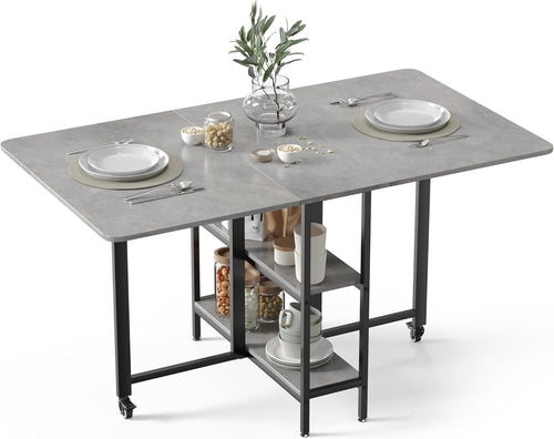 Grey Drop Leaf Folding Dining Table with Storage Shelves 140cm