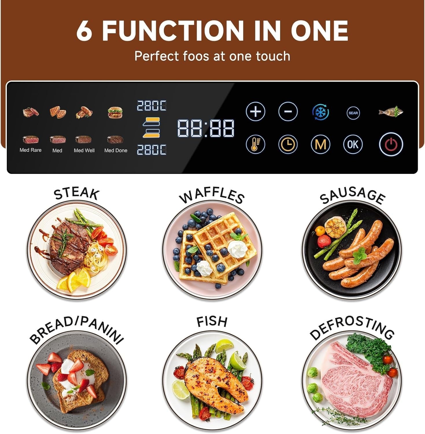 6-in-1 Electric Grill 37.7x35.6x18.2cm Non-Stick Plates Waffle Panini