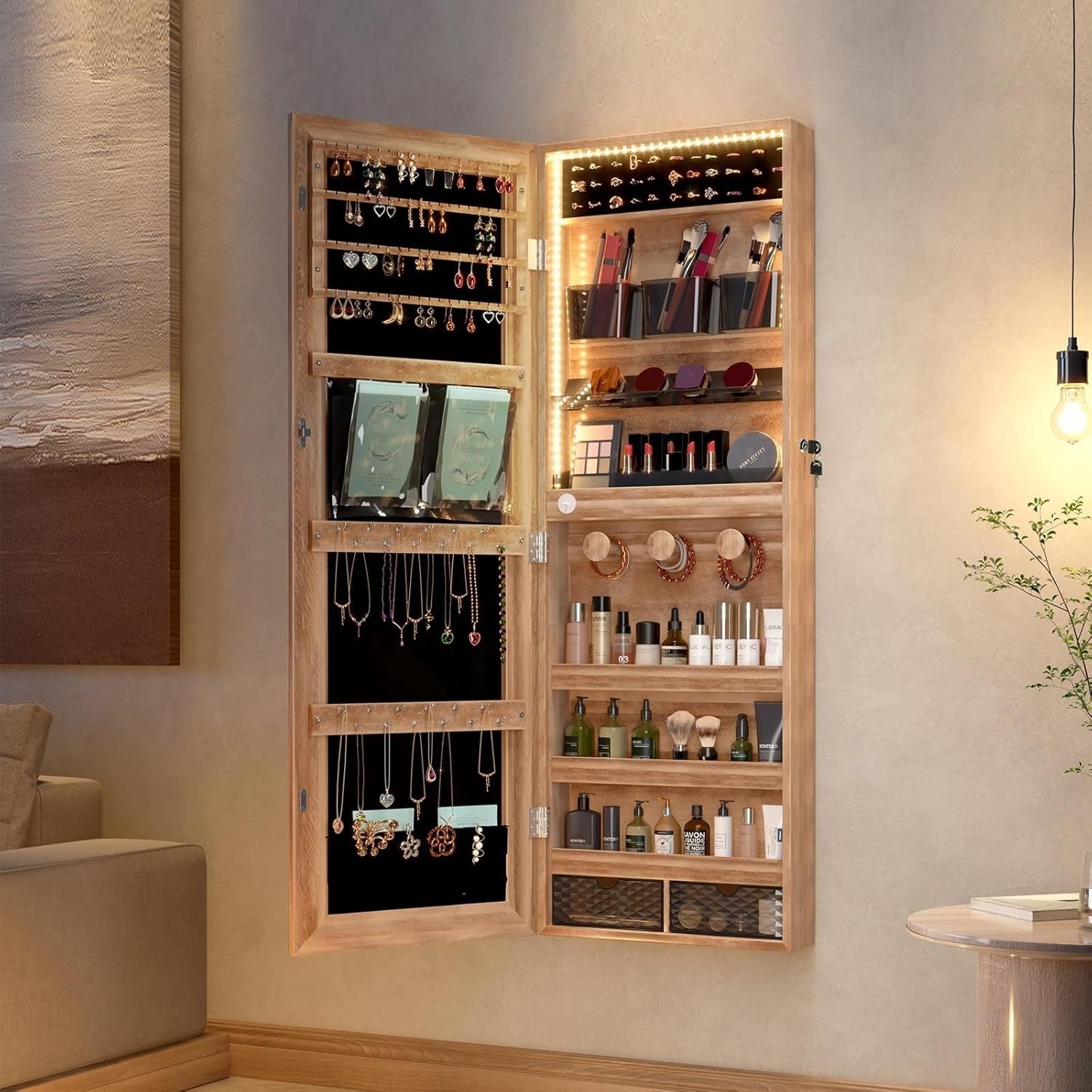 LED Full Length Jewelry Mirror Organizer Lockable Storage Armoire