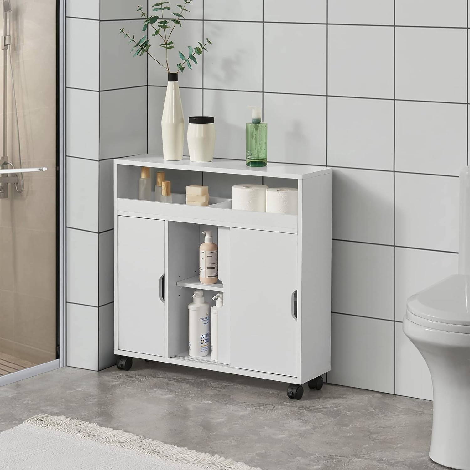 Space-Saving Bathroom Cabinet with Sliding Doors & Castors, 71x70x20 cm