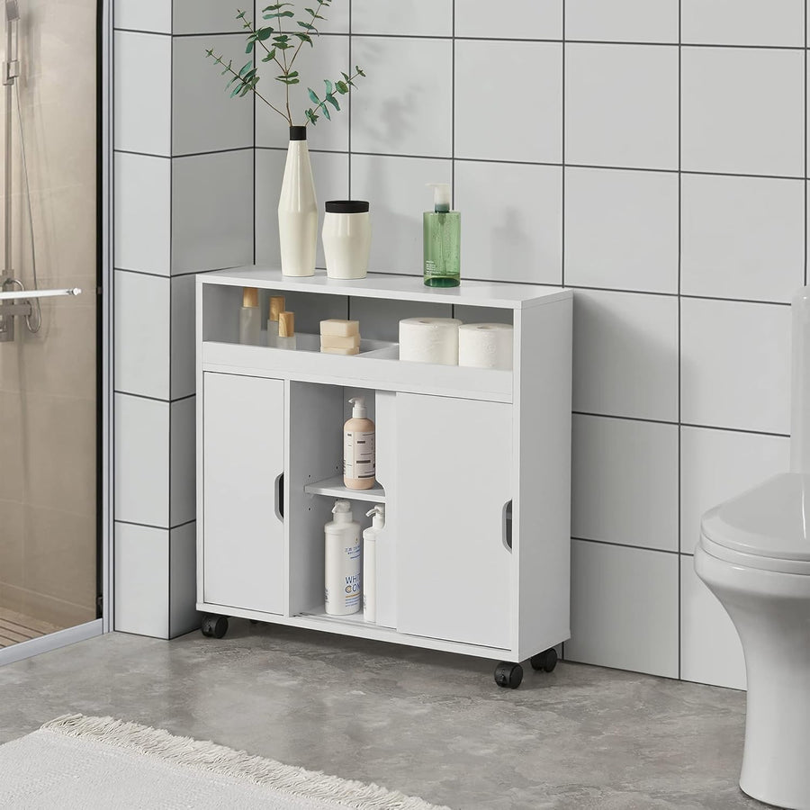 Space-Saving Bathroom Cabinet with Sliding Doors & Castors, 71x70x20 cm