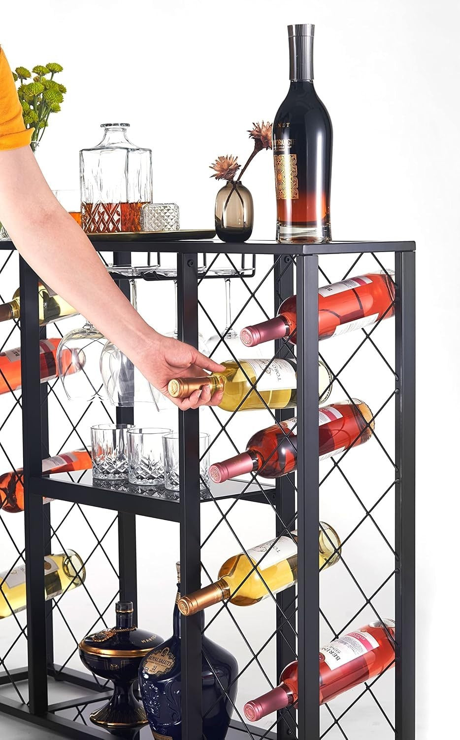 34 Bottle Wine Rack with Glass Top Table Shelf Metal Free Standing Storage Bar