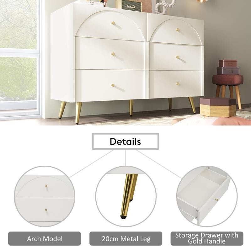 Cream White 6 Drawer Chest Modern Sideboard Cabinet Arched Front Storage