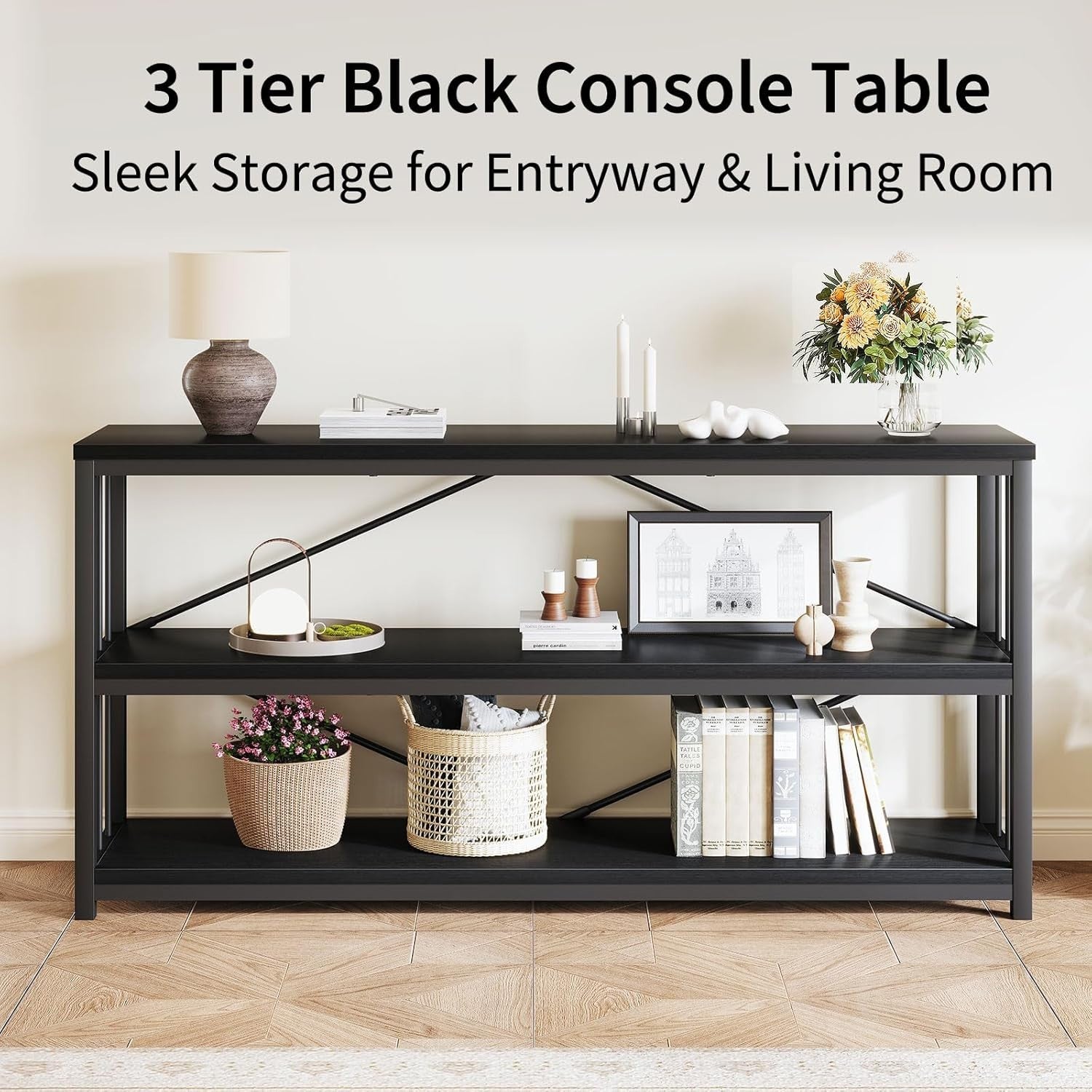 Modern Industrial Black Oak Console Table 160x34x74 cm Storage Shelf