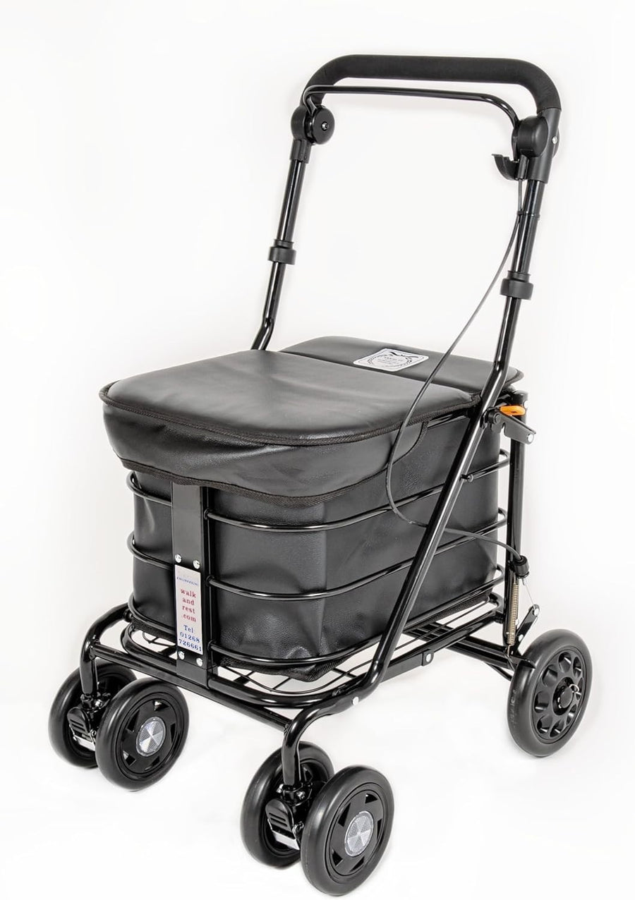 Folding 6 Wheel Mobility Shopping Trolley With Seat Handbrake Black
