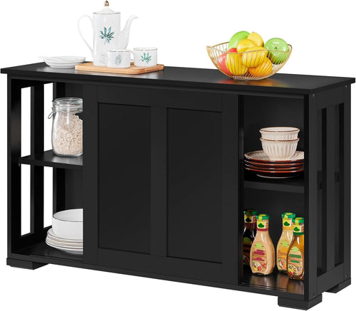 Black Sideboard Buffet Cabinet | Sliding Door Storage Cupboard with Adjustable S
