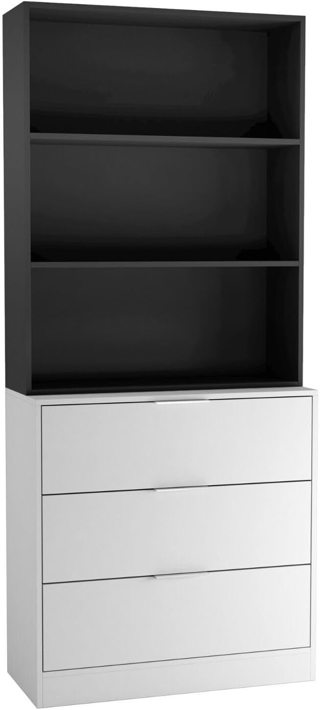 White & Black 80cm 3 Drawer Wooden Storage Chest Cabinet & Bookcase