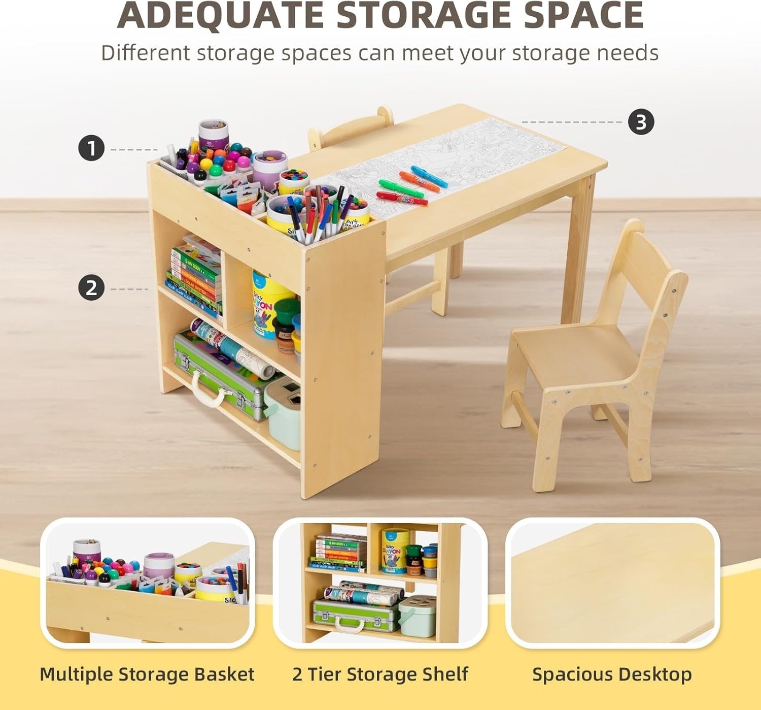 Kids Art Table & 2 Chairs with Storage Shelves Wooden Activity Play Desk