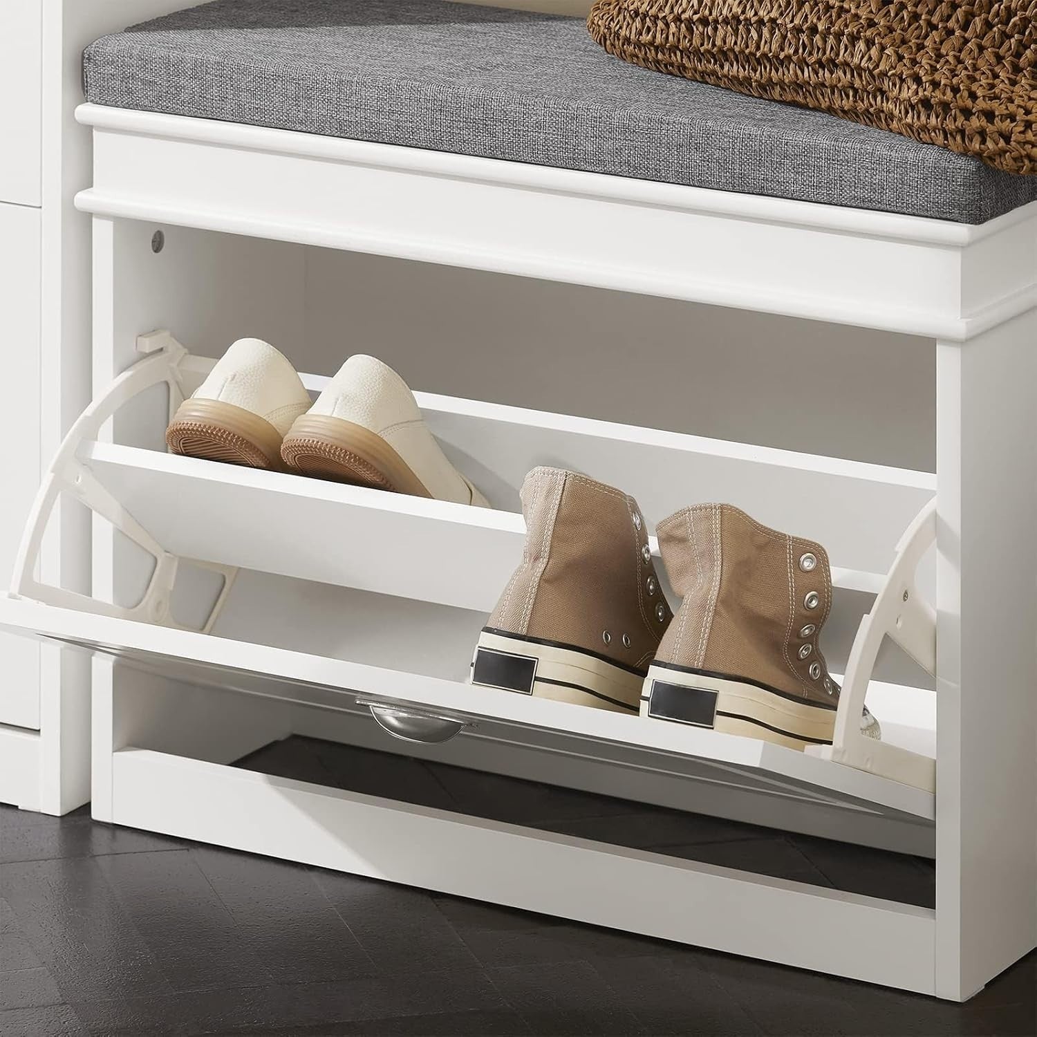 Narrow Shoe Storage Bench with Flip Drawer & Cushion, 60x24x51 cm White