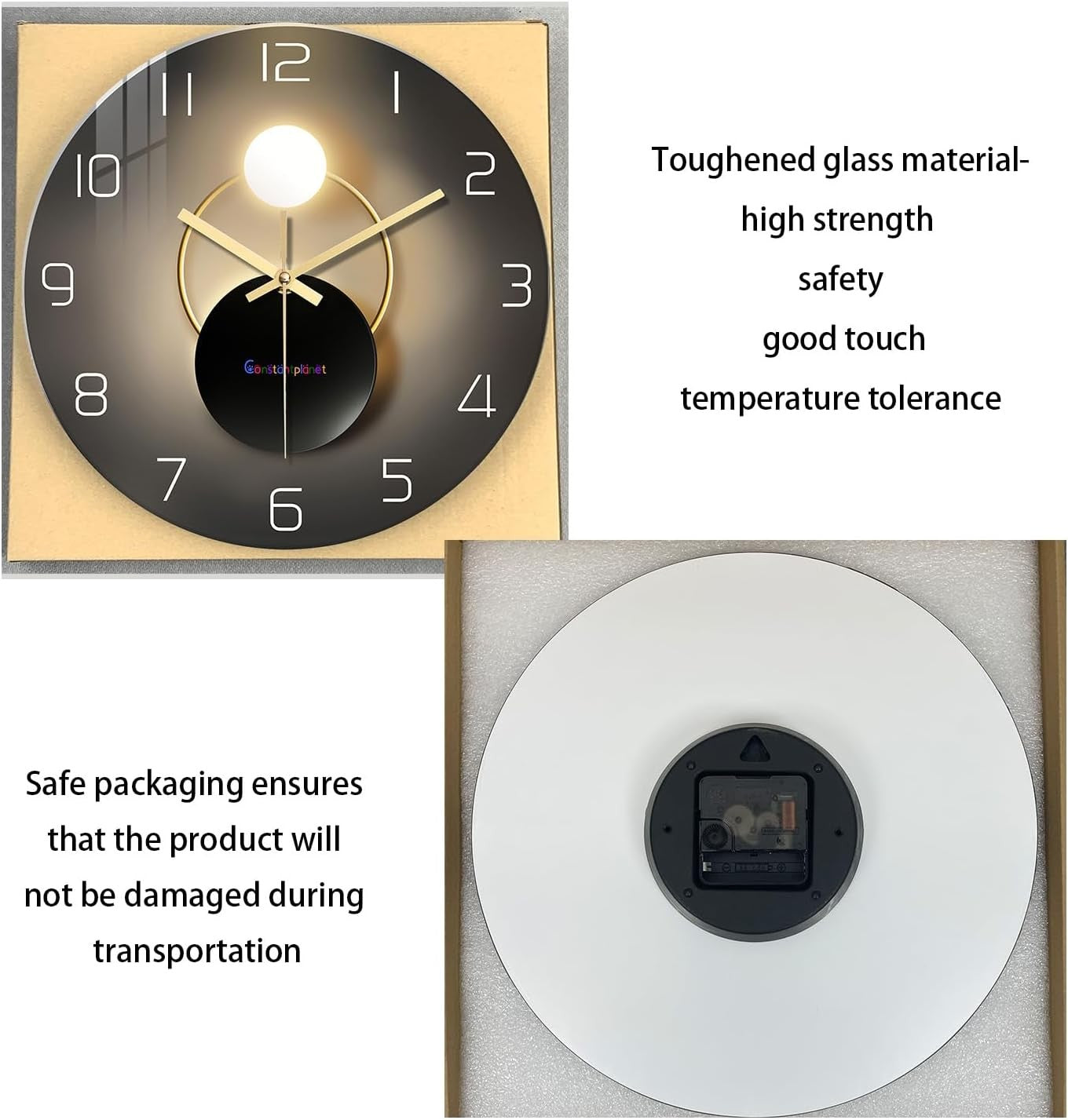 Modern 14" Black Gold Glass Wall Clock Silent Non-Ticking Luxury Home Decor