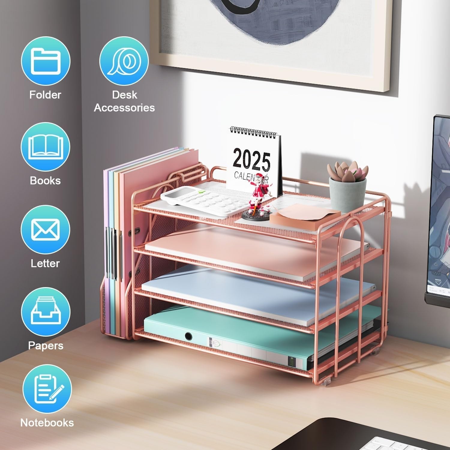Large Desk Organizer with 4-Tier Paper Tray & Detachable Magazine Holder