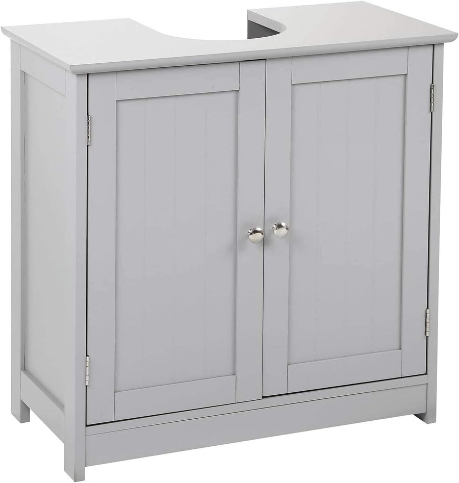 Grey Wooden Under Sink Bathroom Cabinet with Double Doors & Storage Shelf