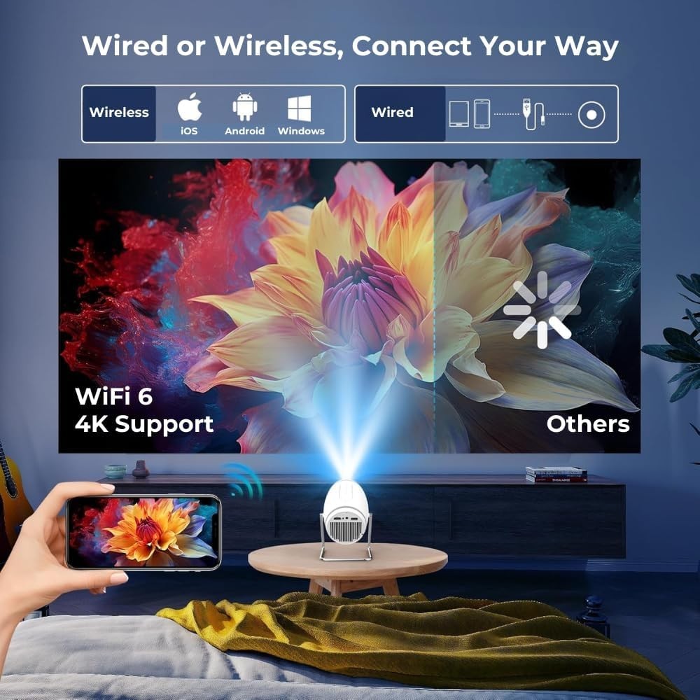 4K Smart Projector 1080P WiFi 6 Bluetooth 210° Rotating Netflix