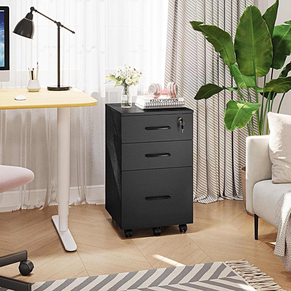 Black Rolling File Cabinet 3 Drawer Locking Under Desk Letter Storage