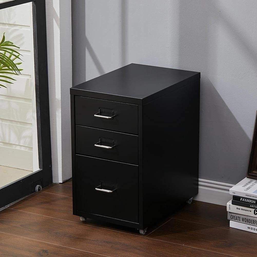 Black Desktop Filing Cabinet 3 Drawer 48cm Rolling Metal Storage