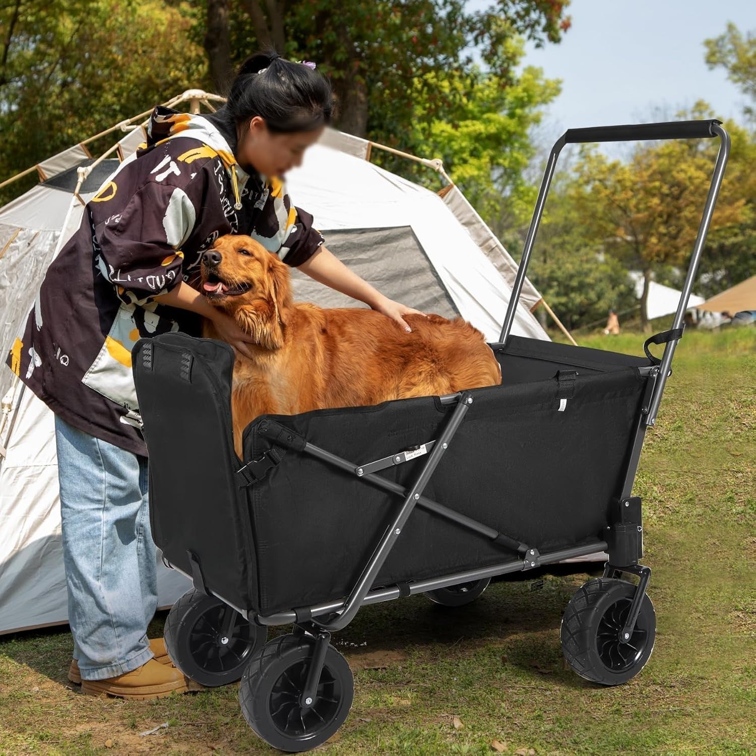 Heavy Duty Folding Dog Wagon Cart w/ Extendable Rear All-Terrain Wheels 150lb